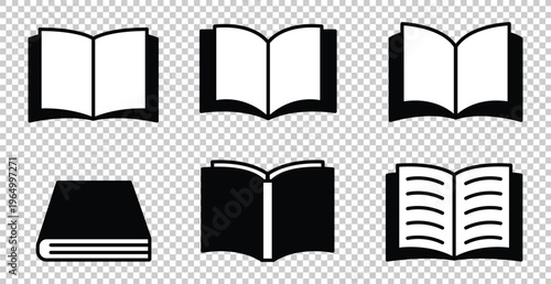 Six different styles of illustrated open and closed books in black and white Vector, illustration