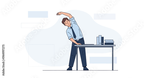 Man in office stretching at desk, healthy work lifestyle, business man doing exercise