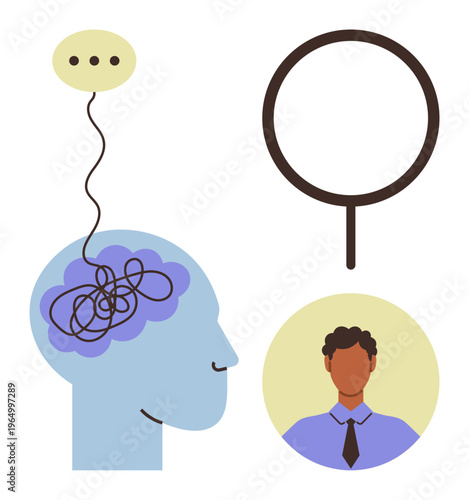 Mental health, communication, problem-solving, cognitive processes, personal development, self-awareness. Side profile of a head with tangled lines, speech bubble and profile of a person. Mental