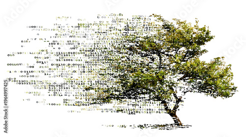 A digital tree composed of binary code against a white background with green and brown hues