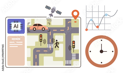Urban planning, autonomous vehicles, smart cities, traffic optimization, AI innovation, data analytics. Visual of AI map with sensors, satellite traffic lights and graphs. Focus on urban planning