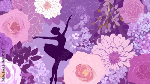 Silhouette of a ballerina dancing amidst an array of purple and pink flowers. A delicate and floral art piece