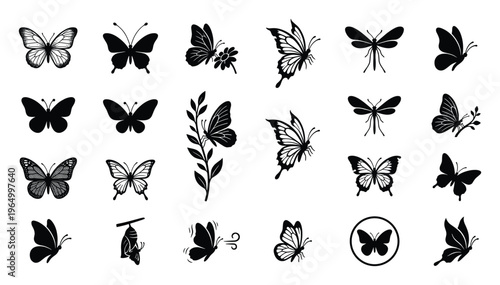 Collection of elegant butterfly silhouettes and detailed outlines suitable for decorative graphic design projects and natureinspired branding applications