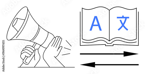 Language translation, communication tools, global understanding, multilingual content, education, information sharing. Hands holding a megaphone next to an open book with language symbols. Language