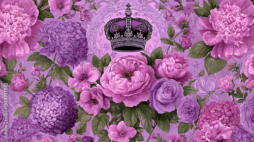 Digital floral illustration featuring an ornate crown centered among various purple and pink flowers