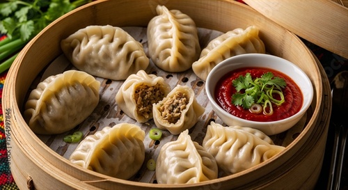Tibetan momo dumplings in bamboo steamer with savory filling and vibrant tomato-chili sauce 