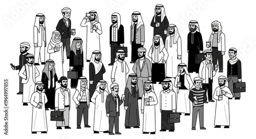 Group of Arab men in traditional attire standing together.