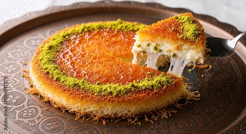 Lebanese knafeh with shredded kataifi pastry, melted akkawi cheese, rose syrup glaze, and crushed pistachios on copper tray