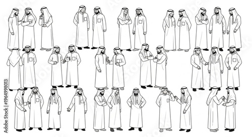 Group of Arab men in traditional attire standing together.