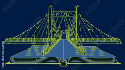 A suspension bridge illustration, emerging from an open book, with a blue and green color scheme