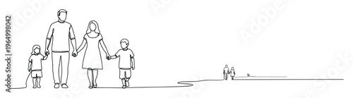 Family of four parents and two children holding hands walking together in continuous line art style representing unity and journey ideal for educational or generational themes