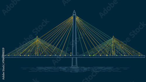 A graphical representation of a cable-stayed suspension bridge against a dark blue backdrop