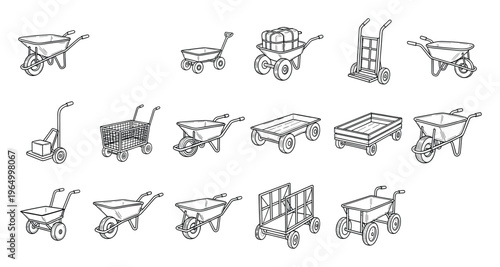 A comprehensive collection of handdrawn line art featuring wheeled equipment for material handling, including wheelbarrows, utility carts, and hand trucks, perfect for industrial and