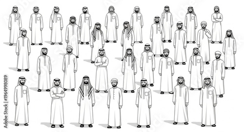 Group of Arab men in traditional attire standing together.