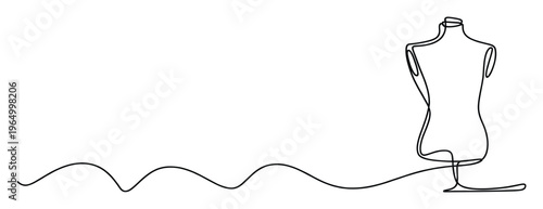 Continuous line drawing of a tailor mannequin standing on a base, symbolizing clothing production, perfect for fashion industry promotions and apparel business branding.