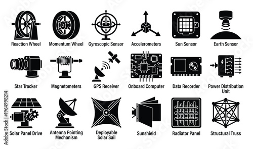 Comprehensive collection of black silhouette icons representing essential spacecraft components and satellite subsystems, perfect for aerospace engineering diagrams, technical