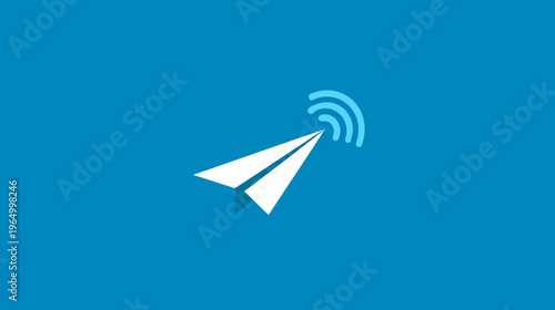 A paper airplane with signal waves against a blue background, suggesting communication