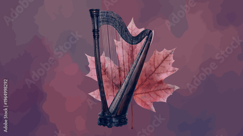 A dark wood harp rests against a large maple leaf, placed over a hazy, colorful, autumn background