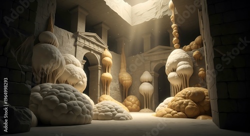Brain shaped sculptures in a dimly lit room.