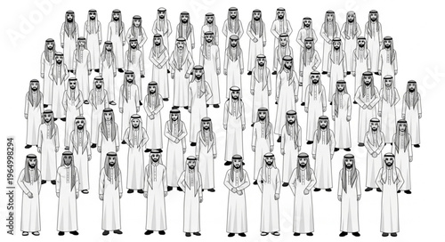 Group of Arab men in traditional attire standing together.