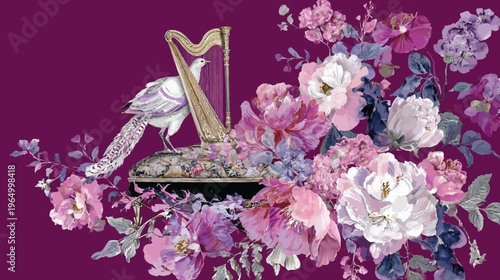 A classical illustration depicts a bird, harp, and flowers against a deep purple background