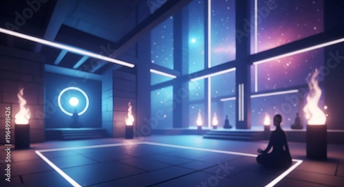 Meditation in a futuristic neon room.