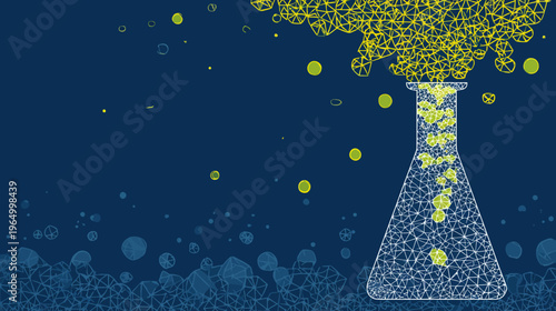 Digital image depicts a white outlined beaker emitting a yellow mesh cloud on a dark blue background