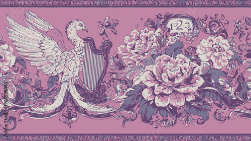 A regal horizontal composition in pink and purple, featuring a phoenix, harp, and blooming peonies