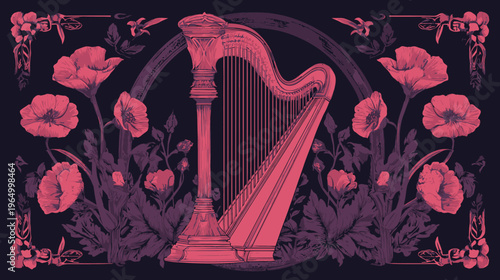 A pink and purple illustration of a harp surrounded by flowers