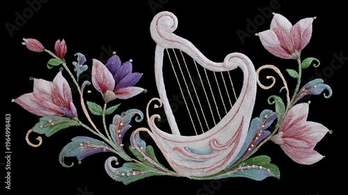 A floral illustration with a harp at the center. Flowers are surrounding the instrument