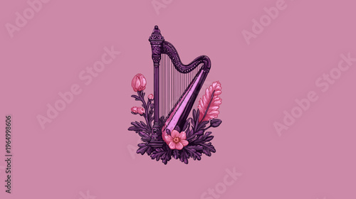 Illustration of a harp surrounded by pink flowers, leaves, and a feather