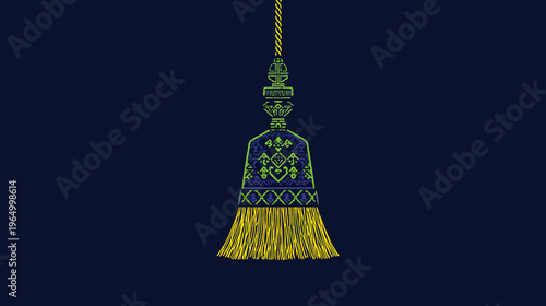 Stylized digital art of a hanging decorative tassel. The design features geometric patterns and fringed end