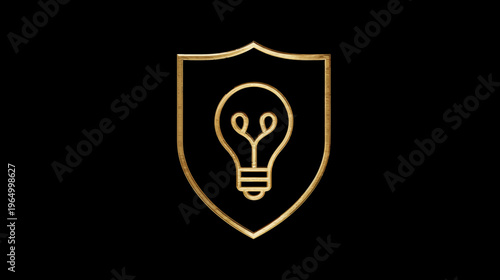 Golden shield with lightbulb in the center on a black backdrop. Simple emblem, concept
