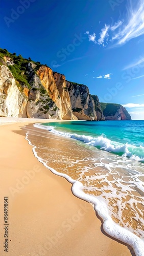 A serene beach with gentle waves lapping at the shore