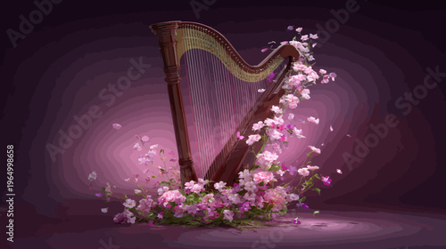 A classical musical instrument, adorned with blooming blossoms, sits in a romantic, purple-toned scene