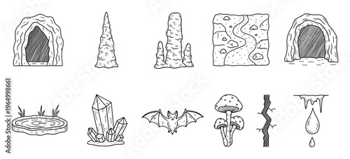 Hand drawn collection of various cave environment elements including entrances rock formations water crystals and fauna for game or educational material