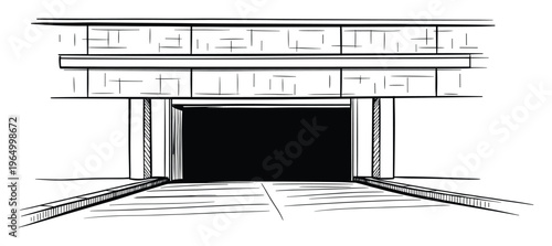 Striking black and white graphic outline drawing of an imposing building facade featuring a vast dark entry tunnel or garage portal, suitable for architectural blueprints, urban planning