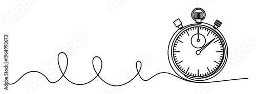 Continuous line drawing of a classic stopwatch connected to a flowing wavy line, symbolizing effective time management, project deadlines, and efficient workflow for business and