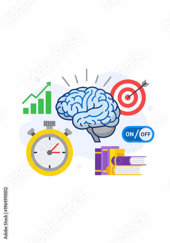 Brain with target and clock icons.