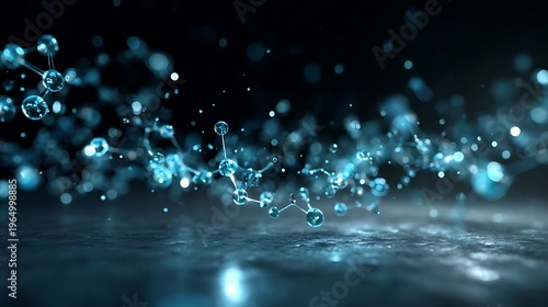 Futuristic science visualization with glowing chemical reaction particles and molecular trails above a reflective digital lab table.