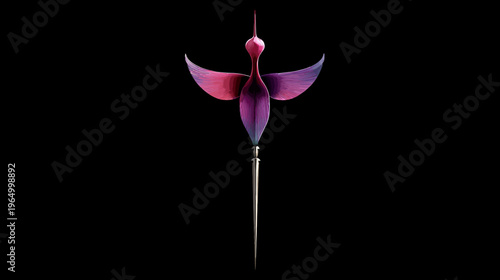 Bird-like figure in vibrant pink, purple, and blue hues. Extended spear shape at bottom on black