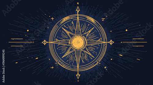 A golden compass design set on a navy blue background with sunburst rays