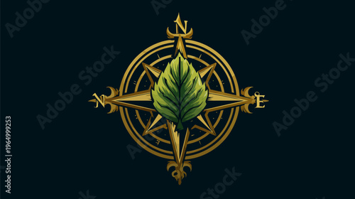 A golden compass with a large leaf at the center, set against a dark blue background