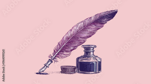 A vintage, digitally drawn illustration of a quill pen, inkwell, and ink pot