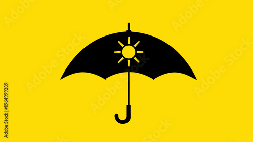 A black umbrella with a sun symbol set against a bright yellow background