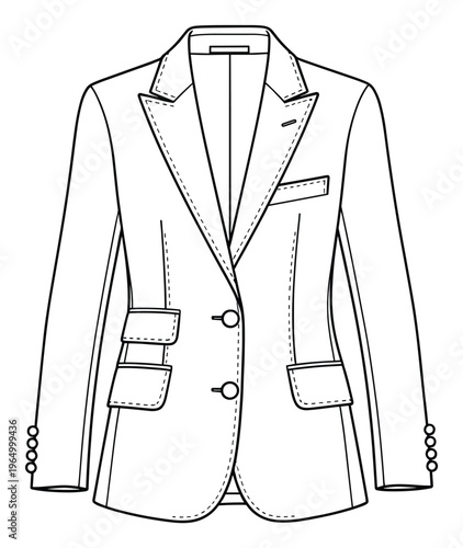 Fashion flat technical drawing of a sophisticated womens tailored blazer jacket with classic lapels and multiple pockets perfect for apparel design style guides and garment manufacturing