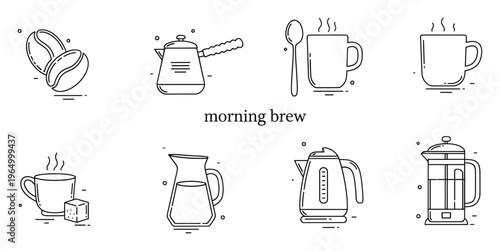 A collection of simple linear black and white icons representing various items for morning coffee or tea preparation and enjoyment perfect for web graphics app interfaces or print media