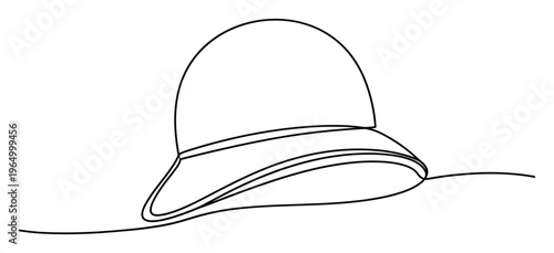 Continuous line drawing of a stylish sun hat, perfect for graphic designers seeking minimalist summer fashion apparel and travel accessories for various projects.