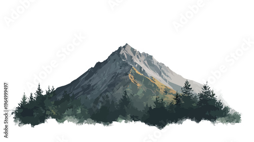 Simplified illustration of a majestic mountain and lush forest against a clean white backdrop