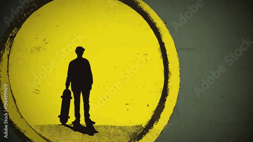 Silhouetted figure holding a skateboard stands before a bright yellow circular backdrop